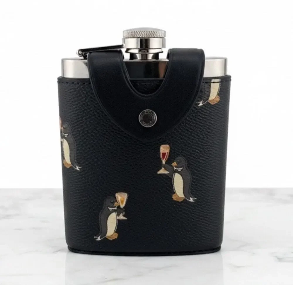 NWT Coach Flask Penguin Print Gunmetal Black Multi CCP87 Leather Wrapped New